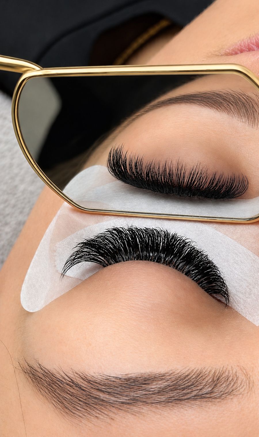 Extensions de cils sur un œil fermé, avec leur reflet dans un miroir doré